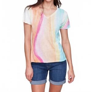 NEW CHARLIE B short sleeve crew neck printed sweater in rainbow